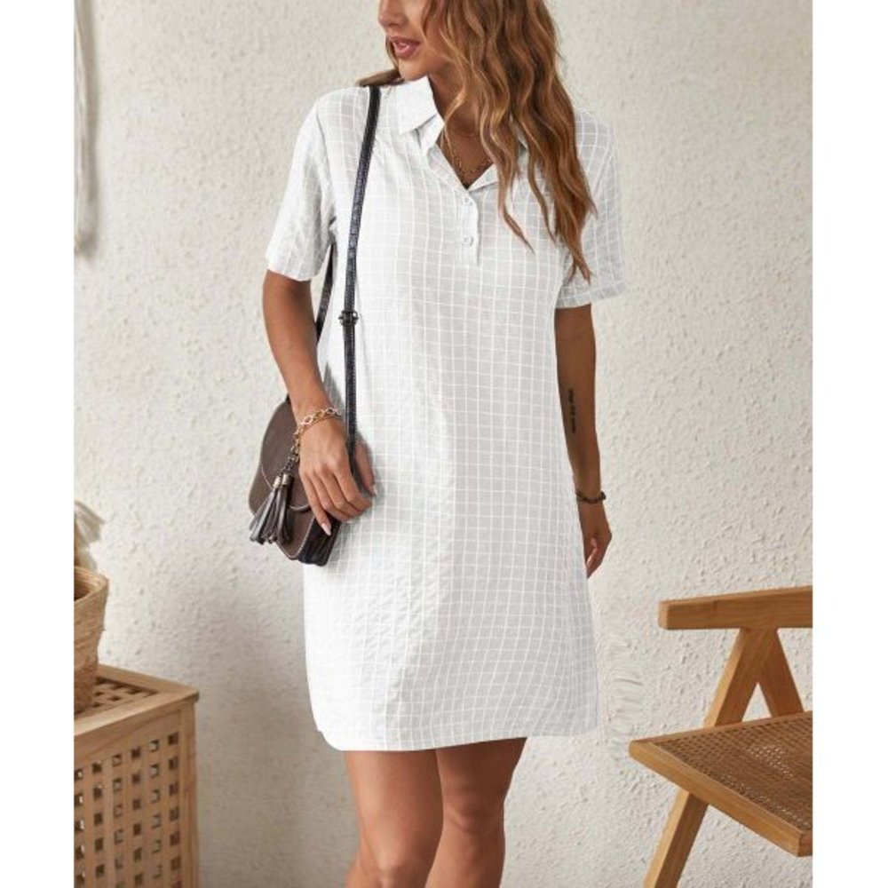 White Plaid Button-Front Shirt Dress